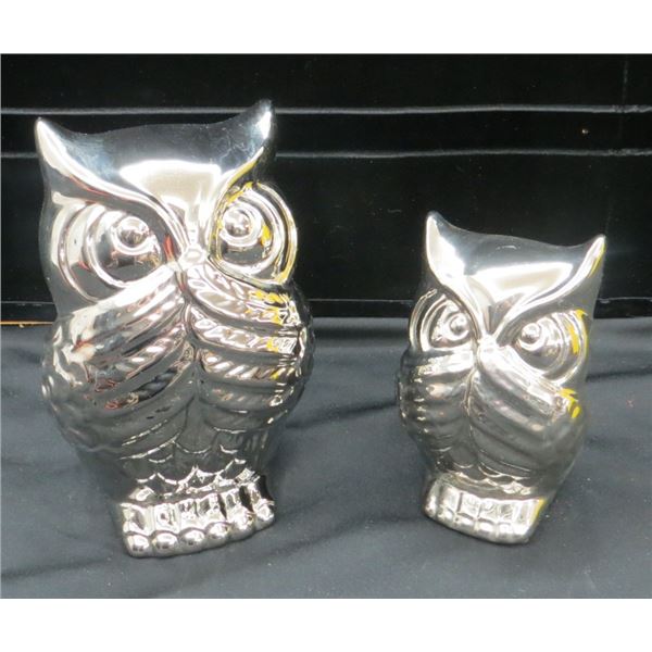 2 Decorative Silver Ceramic Owls 7" & 9" Tall