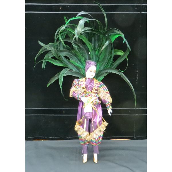 Porcelain Carnival Mardigras Doll With Feathers 23" Tall