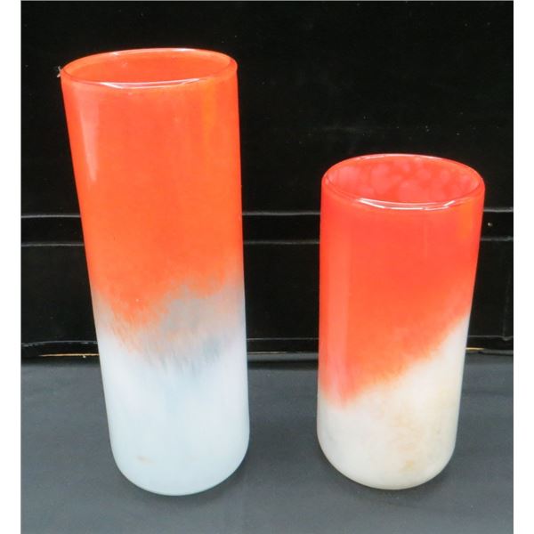 Decorative Orange & White Blown Glass Vases 14" Tall & 10" Tall with 5" Diameter