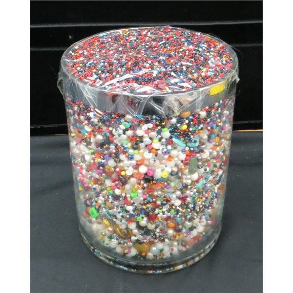 Large Glass Cylinder 8" Tall x 6.5" Diameter Full Of Various Crafting Beads