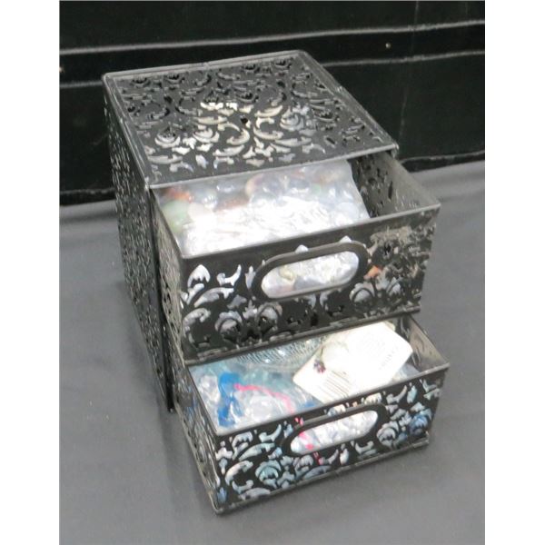 2 Drawer Metal Organizer 8" tall x 6.5" wide With Crafting Glass Pebbles and Acrylic Ice rocks