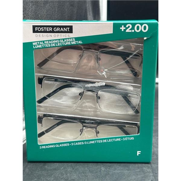 Foster Grant DesignOptics +2.00 Strength Metal Reading Glasses, 3-Pack