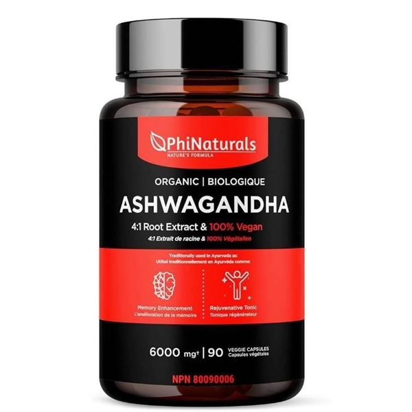 PhiNaturals Ashwagandha 6000 mg 90 Capsules, Organic, 4:1 Root Extract, 100% Vegan
