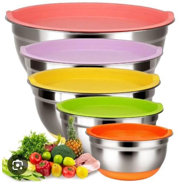 Stainless Steel Salad Bowls with Covers, 5 Sizes **Lid Colors May Vary**