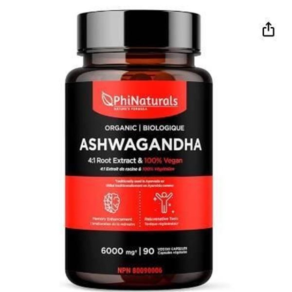 PhiNaturals Ashwagandha 6000 mg 90 Capsules 4:1 Root Extract Organic Vegan