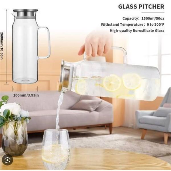 Glass Pitcher by Yirilan, 1500 mL/50 oz, BPA-Free with Stainless Steel Lid