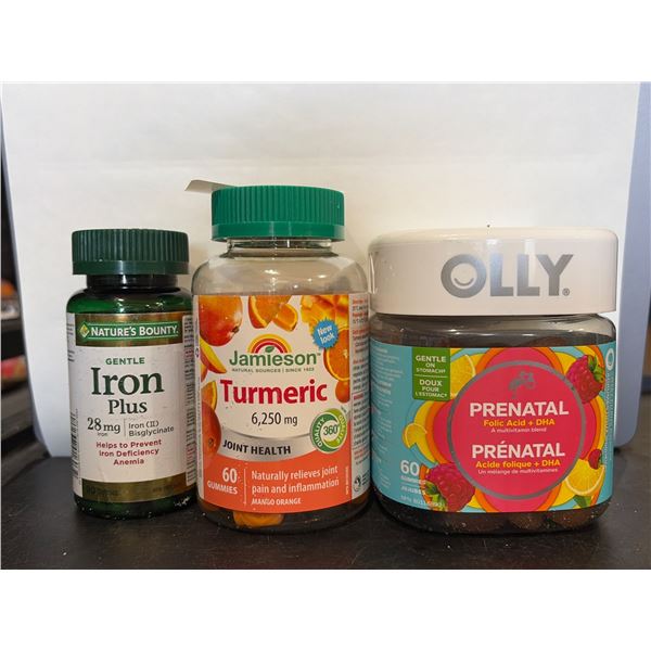 3 Dietary Supplements: Iron Plus (90 capsules) , Turmeric (60 gummies), Prenatal Multivitamin (60 gu