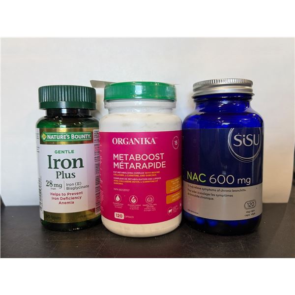 3 Dietary Supplements: Iron Plus (90 capsules), Organika Metaboost (120 capsules), NAC 600 mg (120 c