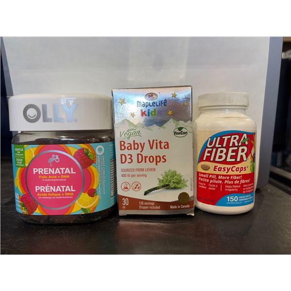 3 Dietary Supplements: Olly Prenatal Multivitamins, Maplelife Baby Vita D3 Drops, Ultra Fiber Easyca