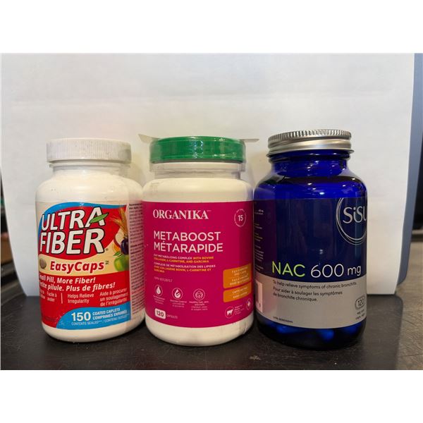 3 Dietary Supplements: Ultra Fiber EasyCaps (150 capsules), Organika Metaboost (120 capsules), NAC 6