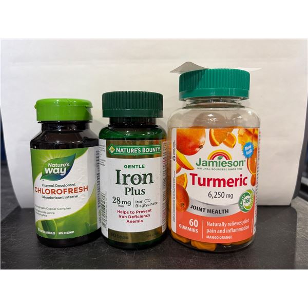 3 Dietary Supplements: Chlorofresh internal deodorant (90 soft gels), Iron Plus (90 capsules), and J