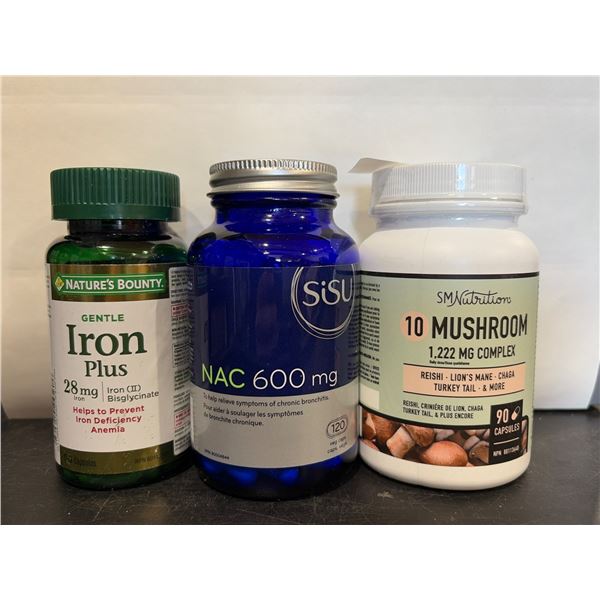 3 Dietary Supplements: Iron Plus (90 capsules), NAC 600 mg (120 capsules), and 10 Mushroom Complex (