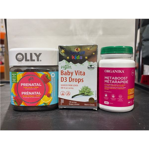 3 Dietary Supplements: Olly Prenatal Multivitamin (60 gummies), Baby Vita D3 Drops (30mL), and Organ