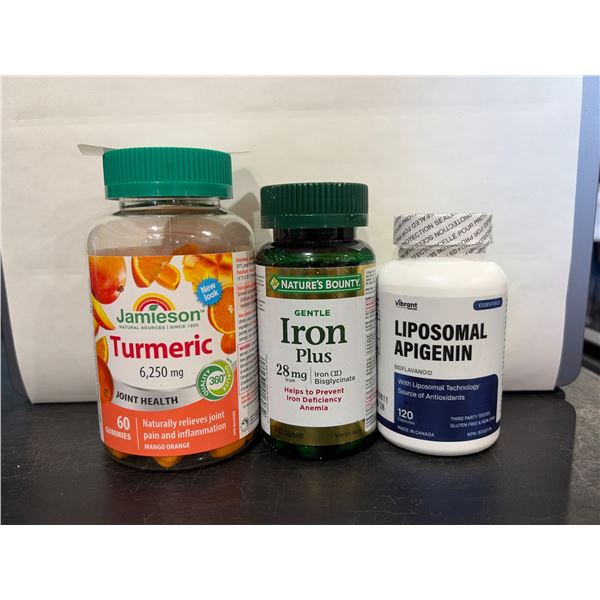 3 Dietary Supplements:  Jamieson Turmeric (60 Capsules), Nature’s Bounty Iron Plus (90 Caps