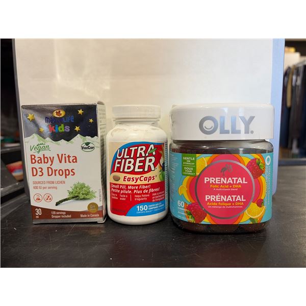 3 Dietary Supplements: Baby Vita D3 Drops (30mL) , Ultra Fiber EasyCaps (150 capsules), Olly Prenata
