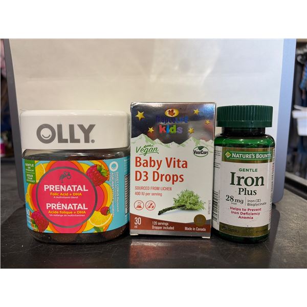3 Dietary Supplements: Olly Prenatal Multivitamin (60 gummies), Baby Vita D3 Drops (30mL), and Iron 