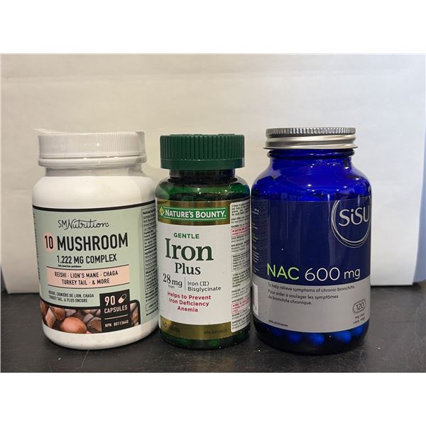 3 Dietary Supplements: 10 Mushroom Complex (90 capsules), Iron Plus (90 capsules), and NAC 600 mg (1