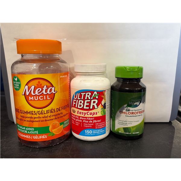3 Dietary Supplements: MetaMucil (72 Gummies), Ultra Fiber EasyCaps (150 capsules), and Chlorofresh 