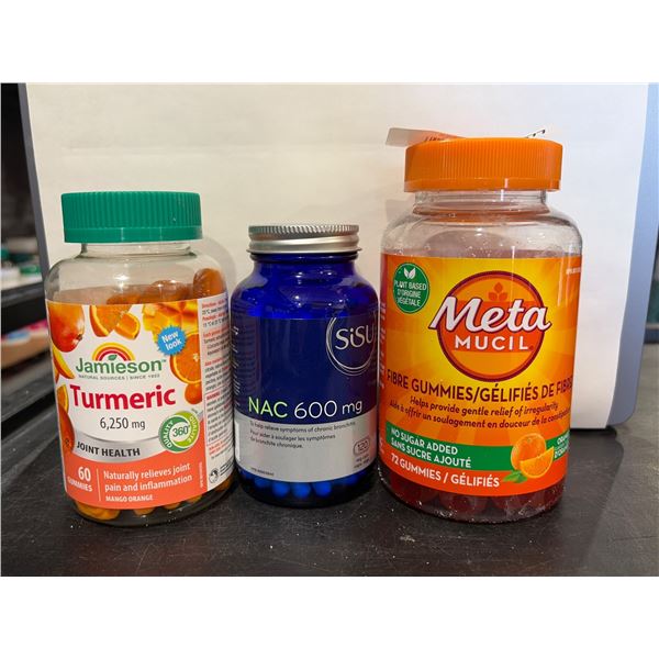 3 Dietary Supplements: Jamieson Turmeric (60 Gummies),  NAC 600 mg (120 capsules), and MetaMucil (72