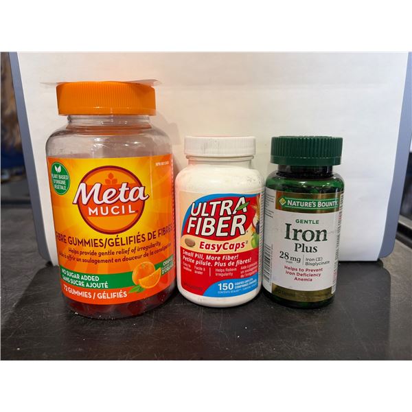 3 Dietary Supplements: MetaMucil (72 Gummies), Ultra Fiber EasyCaps (150 capsules), and Iron Plus (9