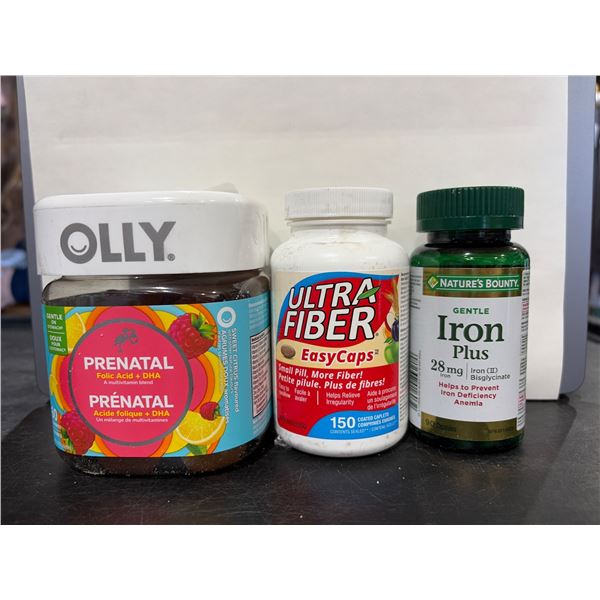 3 Dietary Supplements: Olly Prenatal Multivitamin (60 gummies), Ultra Fiber EasyCaps (150 capsules) 