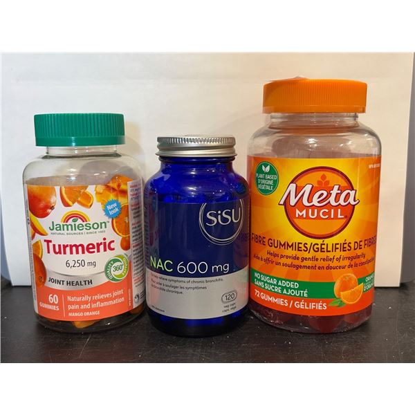 3 Dietary Supplements: Jamieson Turmeric (60 Gummies),  NAC 600 mg (120 capsules), and MetaMucil (72