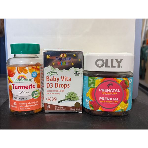 3 Dietary Supplements: Jamieson Turmeric (60 Gummies), Baby Vita D3 Drops (30mL), Olly Prenatal Mult