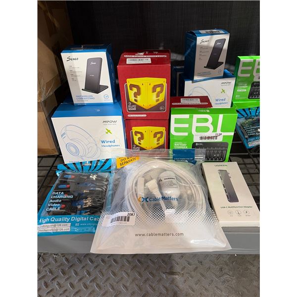 Electronics Lot Including Chargers, Headphones, USB-C Adapter, and More