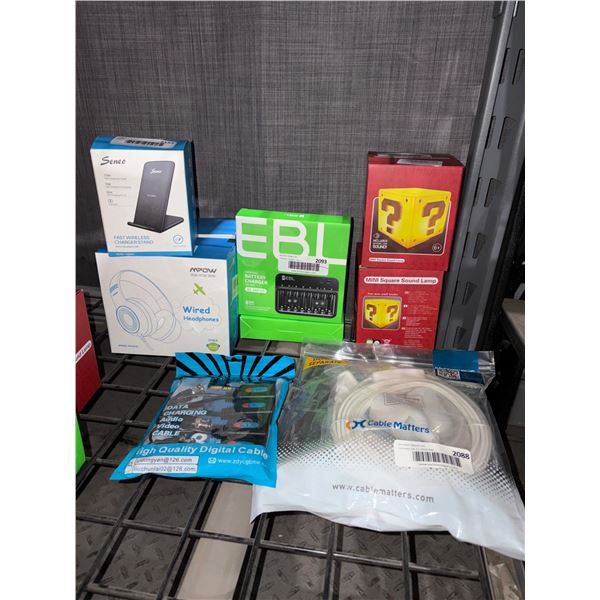 Electronics Lot Including EBL Battery Charger, Seneo Wireless Charger, Cables, and Headphones