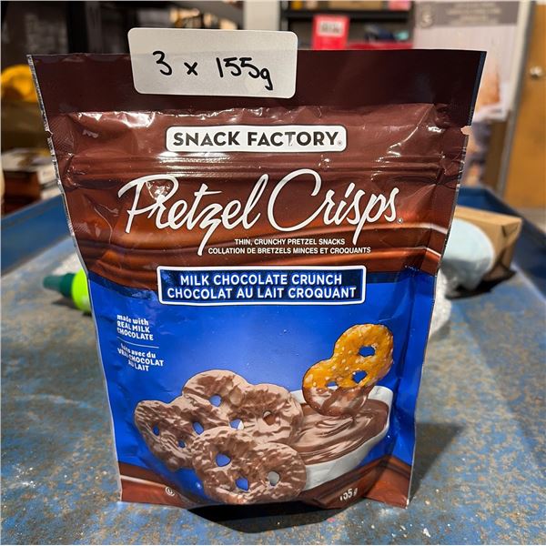 3 Bags of Snack Factory Pretzel Crisps Milk Chocolate Crunch, 155g Each