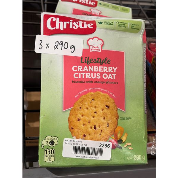 Christie Lifestyle Cranberry Citrus Oat Biscuits 290g (Lot of 3)