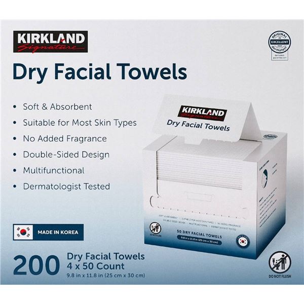 Kirkland Signature Dry Facial Towels 4 x 50 Count