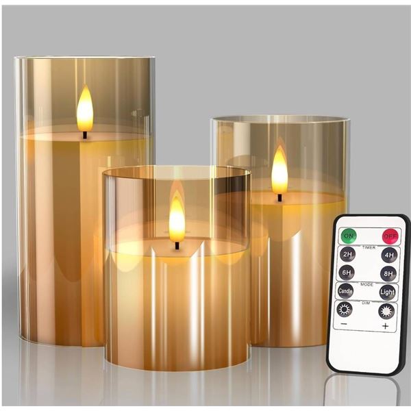 Glass Battery Operated LED Flameless Candles With Remote and Timer, Pack of 3