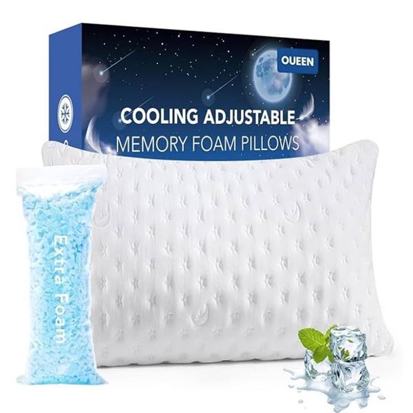 Kucey Cooling Adjustable Memory Foam Pillows, Queen Size, 2-Pack