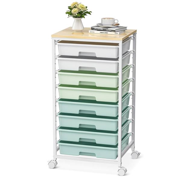 SYKIARIOL Utility Cart with 8 Drawer,Rolling Storage Cart with Wooden Tabletop and Lockable Wheels,S