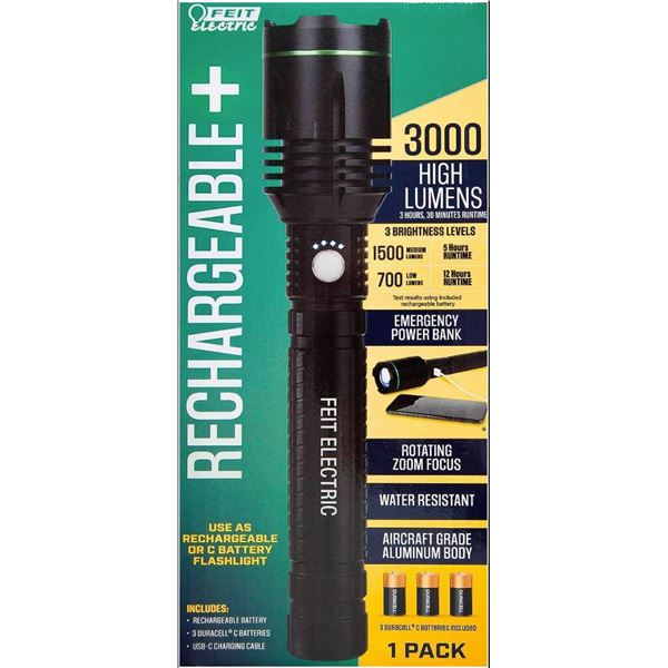 3,000 Lumen LED Flashlight with Rechargeable Batteries and 3 “C” Batteries