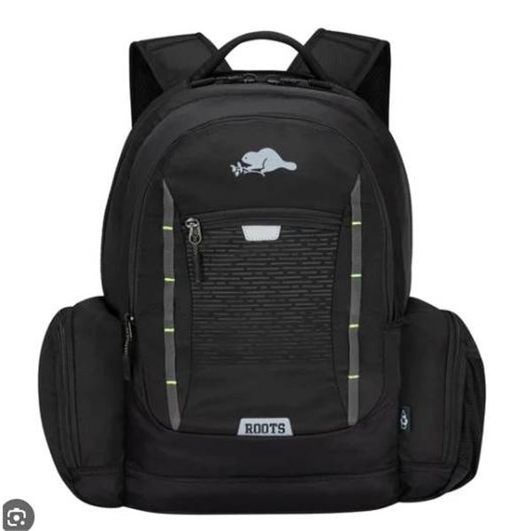 Roots Backpack in Black With Adjustable Straps and Multiple Pockets