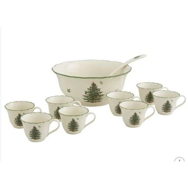 10-Piece Punch Bowl Set with Cups and Ladle Featuring Holiday Tree Design