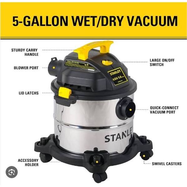 Stanley Stainless Steel Wet/Dry Vacuum, 4.0 Peak HP, 5.0 Gallon