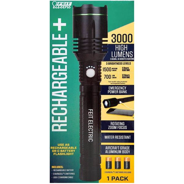 3,000 Lumen LED Flashlight with Rechargeable Batteries and 3 “C” Batteries