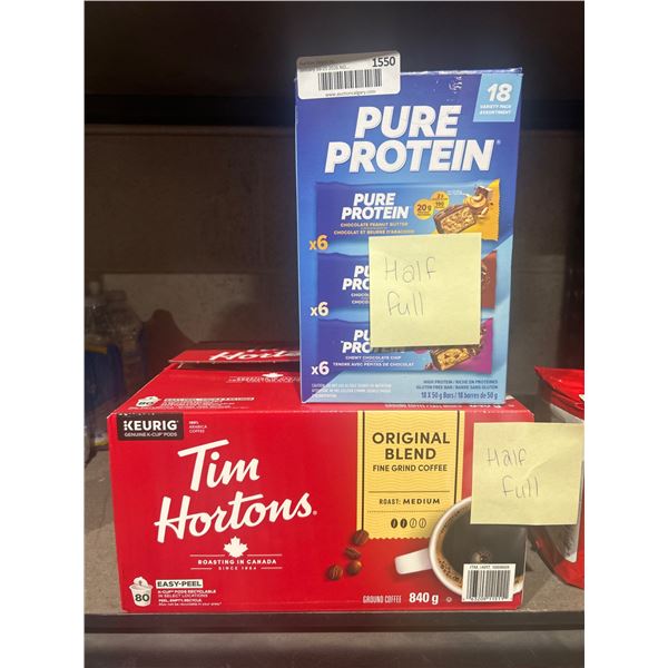 Aprox 30 Tim Hortons Original Blend Fine Grind Coffee and aprox 9 Pure Protein Bars Assortment