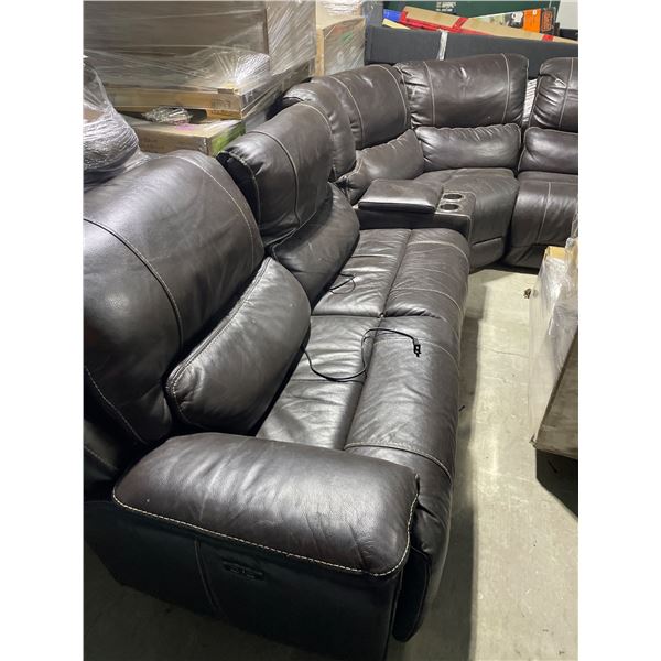 Brown Leather Reclining Sectional Sofa with Console and Cup Holders