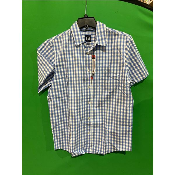 GAP Men’s Short-Sleeve Blue Gingham Button-Up Shirt, Size Medium (M/M)