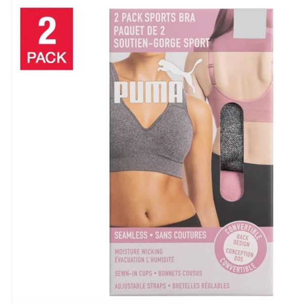 Puma 2-Pack Seamless Sports Bras, Size Medium, Convertible Design