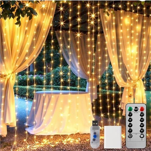 Lot of 2 Brightown Hanging Window Curtain Lights 9.8 Ft Dimmable & Connectable with 300 LED, Remote,