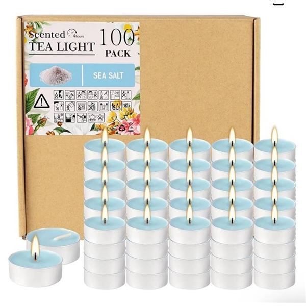 100-Pack Scented Tea Light Candles Sky Blue with 4-Hour Burn Time Sea Salt