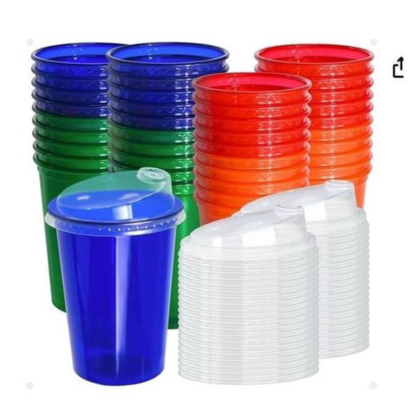 EcoDispose 40 Pack 12 oz Disposable Plastic Cups with Lids, Spill Proof, 4 Colors (Red, Orange, Gree