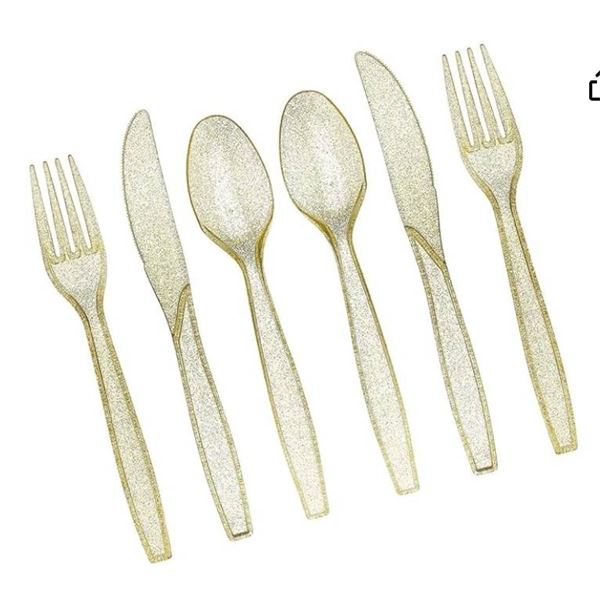 Prestee 180-Piece Gold Plastic Silverware Set (60 Forks, Spoons, Knives) – Glitter Gold Cut