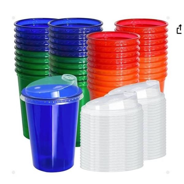 EcoDispose 40 Pack 12 oz Disposable Plastic Cups with Lids, Spill Proof, 4 Colors (Red, Orange, Gree