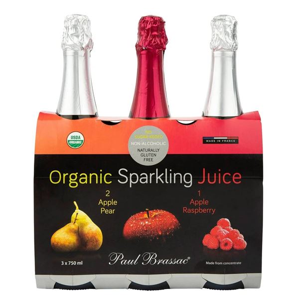 Paul Brassac Organic Sparkling Juice Assortment – 3 Bottles, Apple/Raspberry/Apple Pear